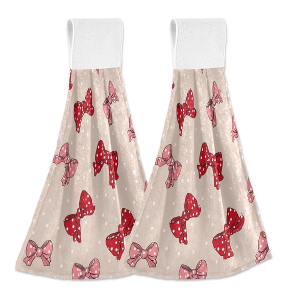 2PCS Velcro Hangable Hand Towels Quick-Drying Hanging Kitchen Towels for Kitchen & Bathroom Cute Red Bows Pattern