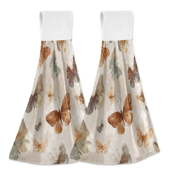 2PCS Velcro Hangable Hand Towels Quick-Drying Hanging Kitchen Towels for Kitchen & Bathroom Earthy Tones Butterflies
