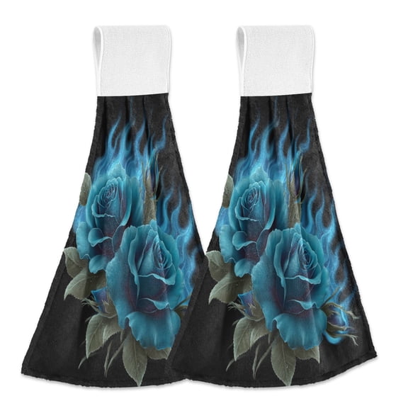 2PCS Velcro Hangable Hand Towels Quick-Drying Hanging Kitchen Towels for Kitchen & Bathroom Eternal Blue Rose and Flame