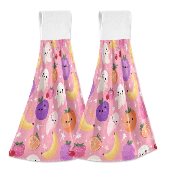 2PCS Velcro Hangable Hand Towels Quick-Drying Hanging Kitchen Towels for Kitchen & Bathroom Fruit and Little Ghosts