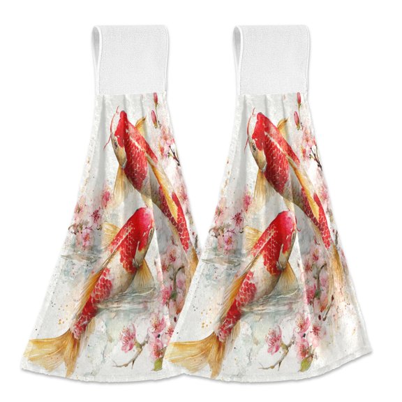 2PCS Velcro Hangable Hand Towels Quick-Drying Hanging Kitchen Towels for Kitchen & Bathroom Golden Carp