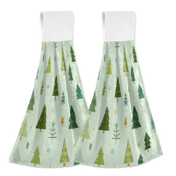 2PCS Velcro Hangable Hand Towels Quick-Drying Hanging Kitchen Towels for Kitchen & Bathroom Green Christmas Trees and Snowflakes