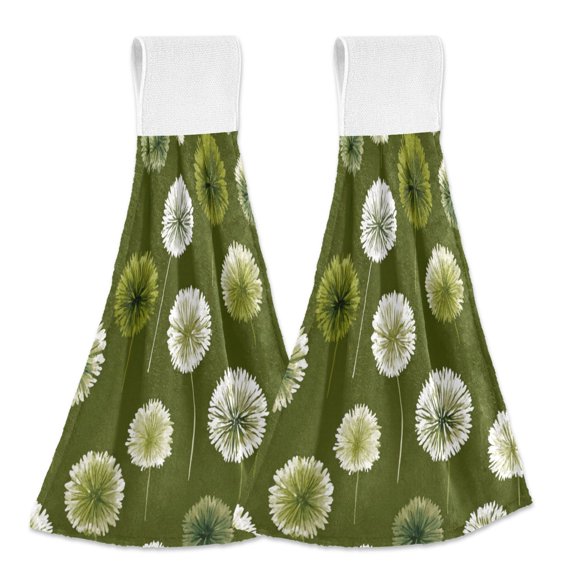 2PCS Velcro Hangable Hand Towels Quick-Drying Hanging Kitchen Towels for Kitchen & Bathroom Green Dandelions Pattern