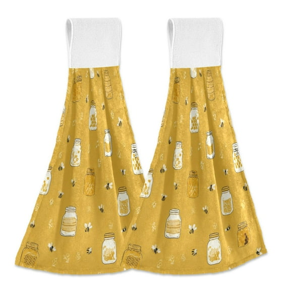 2PCS Velcro Hangable Hand Towels Quick-Drying Hanging Kitchen Towels for Kitchen & Bathroom Honey Jars and Bees Pattern