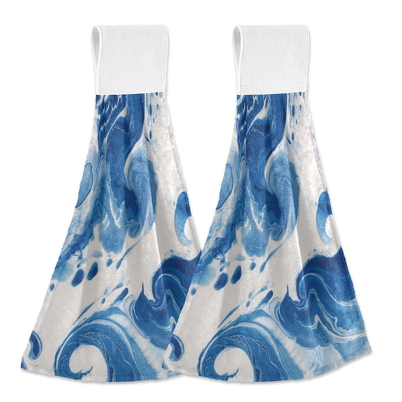 2PCS Velcro Hangable Hand Towels Quick-Drying Hanging Kitchen Towels for Kitchen & Bathroom Indigo Blue Tie-dye Pattern