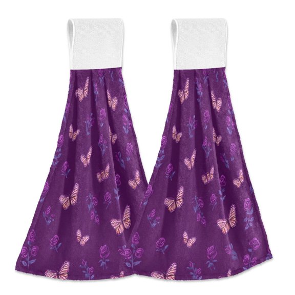 2PCS Velcro Hangable Hand Towels Quick-Drying Hanging Kitchen Towels for Kitchen & Bathroom Little Butterfly and Rose