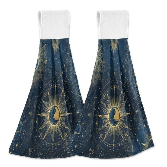 2PCS Velcro Hangable Hand Towels Quick-Drying Hanging Kitchen Towels for Kitchen & Bathroom Mysterious Celestial Pattern