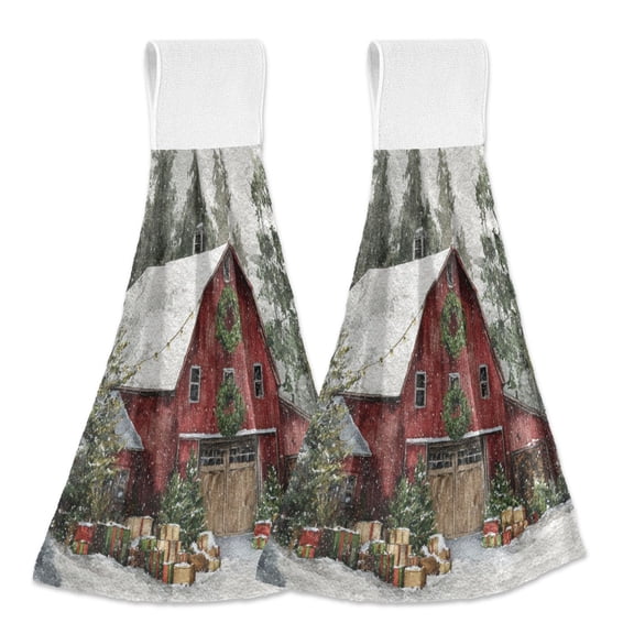 2PCS Velcro Hangable Hand Towels Quick-Drying Hanging Kitchen Towels for Kitchen & Bathroom Old Red Barn