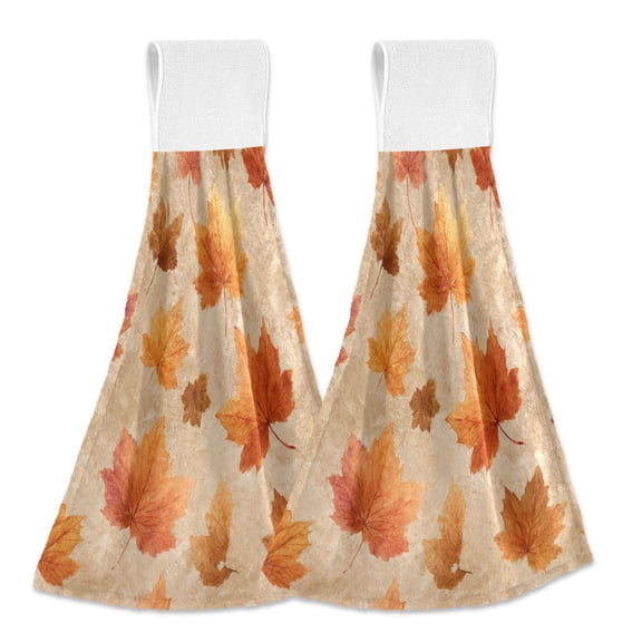2PCS Velcro Hangable Hand Towels Quick-Drying Hanging Kitchen Towels for Kitchen & Bathroom Orange Autumn Leaves Pattern