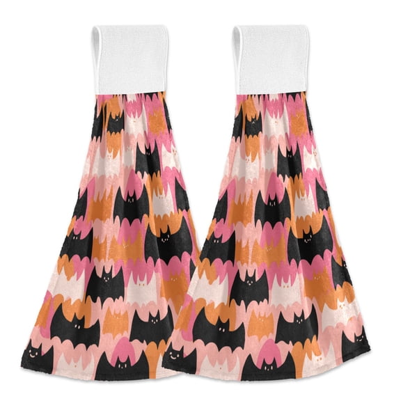 2PCS Velcro Hangable Hand Towels Quick-Drying Hanging Kitchen Towels for Kitchen & Bathroom Orange and Black Bats