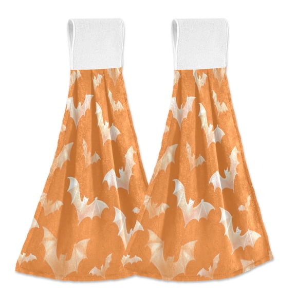 2PCS Velcro Hangable Hand Towels Quick-Drying Hanging Kitchen Towels for Kitchen & Bathroom Orange and White Bats