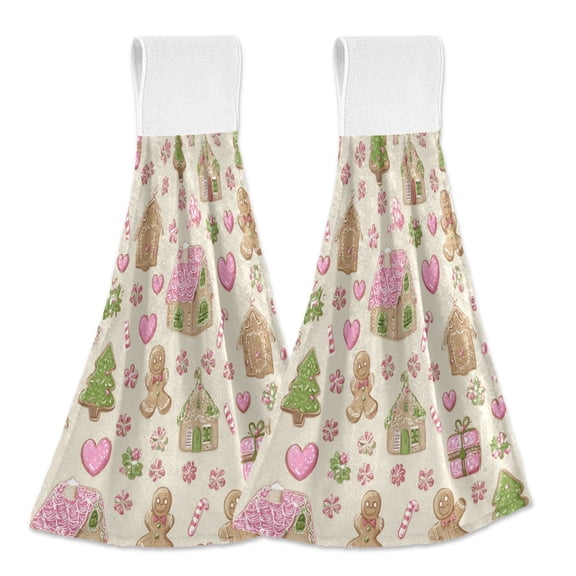 2PCS Velcro Hangable Hand Towels Quick-Drying Hanging Kitchen Towels for Kitchen & Bathroom Pink Cute Christmas Pattern
