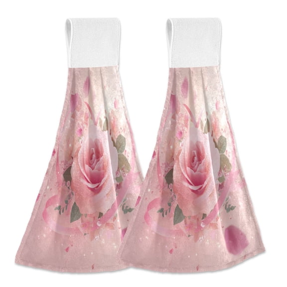 2PCS Velcro Hangable Hand Towels Quick-Drying Hanging Kitchen Towels for Kitchen & Bathroom Pink Rose Pattern