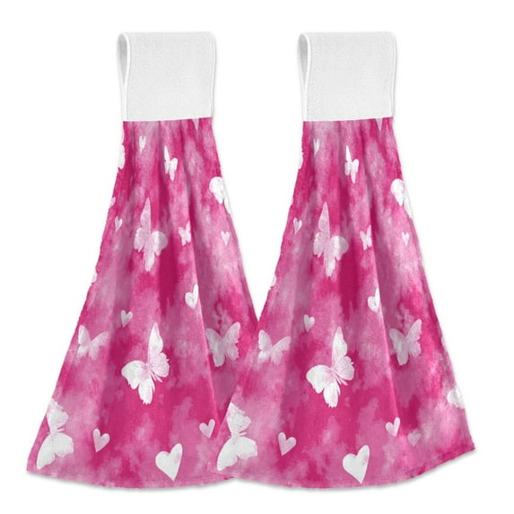 2PCS Velcro Hangable Hand Towels Quick-Drying Hanging Kitchen Towels for Kitchen & Bathroom Pink Tie-dye with Butterflies