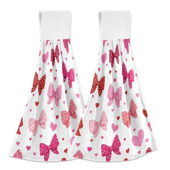 2PCS Velcro Hangable Hand Towels Quick-Drying Hanging Kitchen Towels for Kitchen & Bathroom Red and Pink Bows