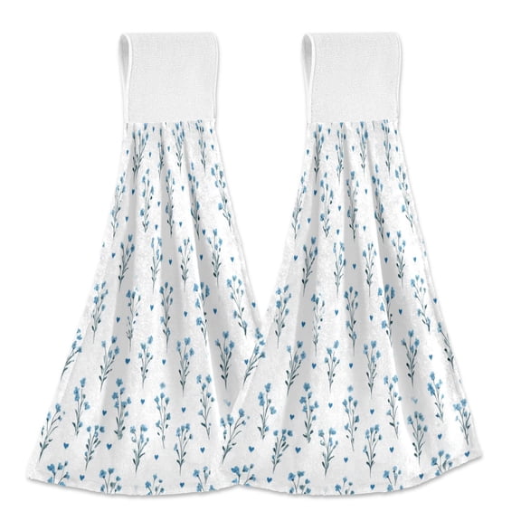 2PCS Velcro Hangable Hand Towels Quick-Drying Hanging Kitchen Towels for Kitchen & Bathroom Small Blue Flowers Pattern