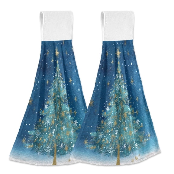 2PCS Velcro Hangable Hand Towels Quick-Drying Hanging Kitchen Towels for Kitchen & Bathroom Watercolor Christmas Tree