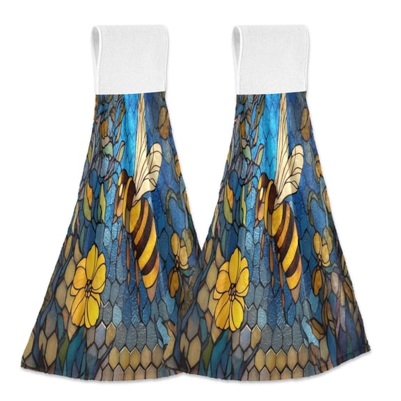 2PCS Velcro Hangable Hand Towels Quick-Drying Hanging Kitchen Towels for Kitchen & Bathroom Yellow Flowers and Bee