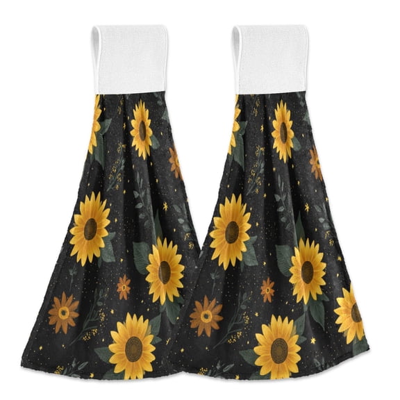 2PCS Velcro Hangable Hand Towels Quick-Drying Hanging Kitchen Towels for Kitchen & Bathroom Yellow Sunflower Pattern