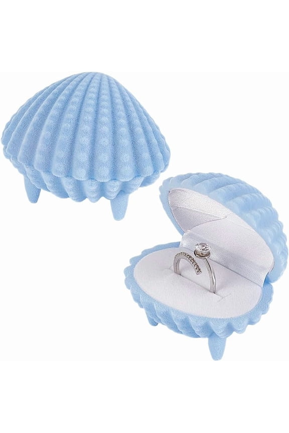 2PCS Velvet Ring Box Clam Shell Shaped Ring Box Display Holder Ring Gift Storage Box for Proposal Engagement Wedding Ceremony Anniversary Light Blue
