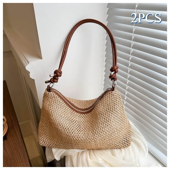2PCS Versatile Straw Beach Bag - Casual Fashion Shoulder & Crossbody Tote, Great for Beach Picnics & Getaways-Brown