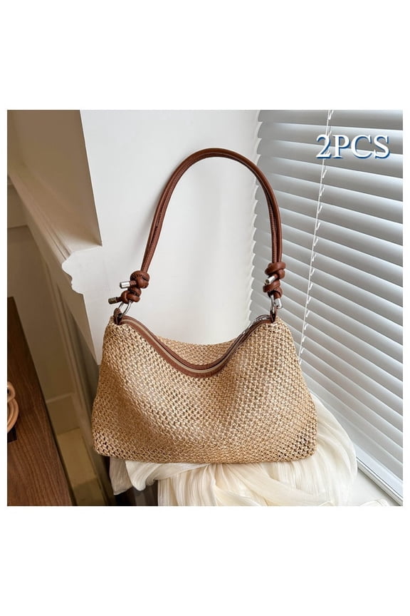 2PCS Versatile Straw Beach Bag - Casual Fashion Shoulder & Crossbody Tote, Great for Beach Picnics & Getaways-Brown