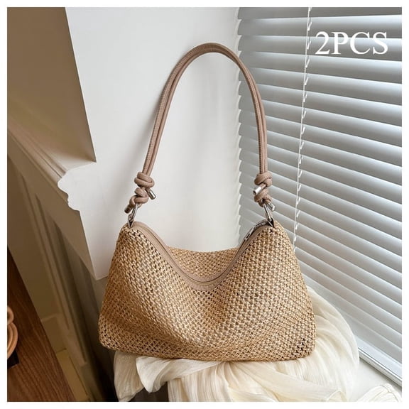 2PCS Versatile Straw Beach Bag - Casual Fashion Shoulder & Crossbody Tote, Great for Beach Picnics & Getaways-Khaki