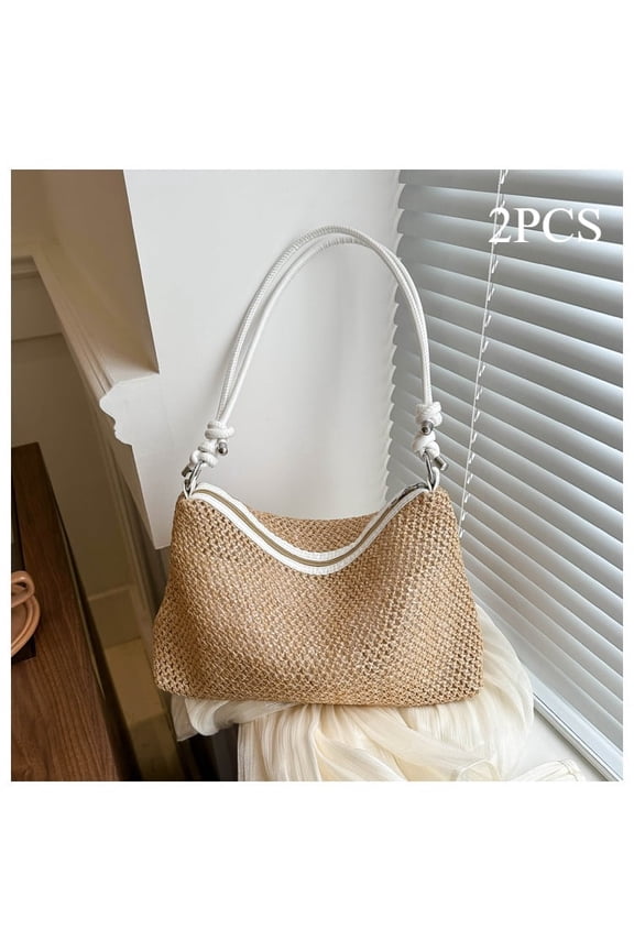 2PCS Versatile Straw Beach Bag - Casual Fashion Shoulder & Crossbody Tote, Great for Beach Picnics & Getaways-white