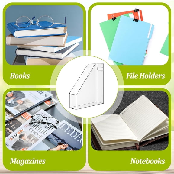 2PCS Vertical File Holder, Clear Plastic Standing File Shelf and Organizer for Office Home Magazines Notebooks Folder Binders, Multi-purpose Desktop Document Storage Vertical Rack