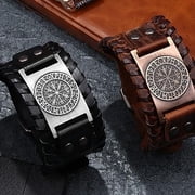 2PCS Viking PU Leather Nordic Bracelet with Runic Compass Charm Cuff Bracelet for Men and Women One Black and One Brown