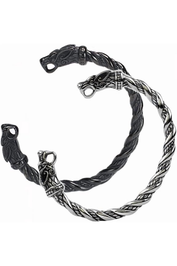 2PCS Viking Wolf Bangle - Stainless Steel Cuff Bracelet Fenrir - Norse Scandinavian Torc