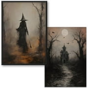 2PCS Vintage Dark Forest Witch Posters Halloween Canvas Wall Art, Dark Academia Painting Prints Goth Spooky Painting Rustic Wall Decor For Living Room Bedroom 12 x16inch Unframed
