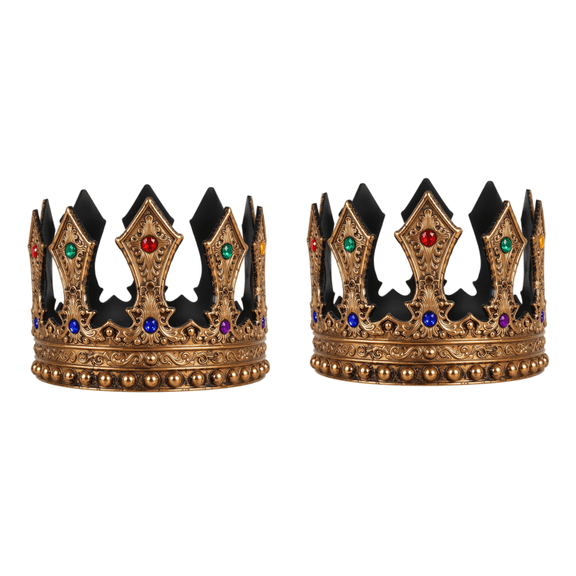 2PCS Vintage Golden Crown, Royal King Queen Crown with Jewels, Medieval Crown for Halloween Costume Birthday Party Wedding Decoration
