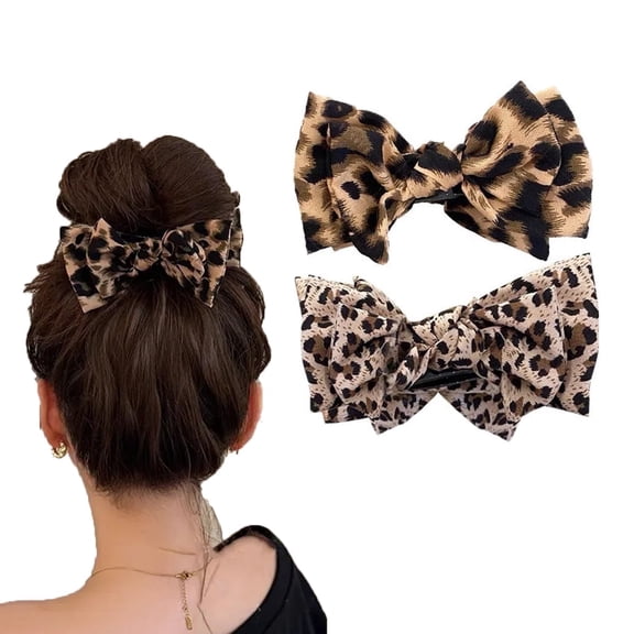 2PCS Vintage Leopard Print Bow Hair Claw Clips for Women Girls - Fabric Shark Clip for Ponytails, Updos
