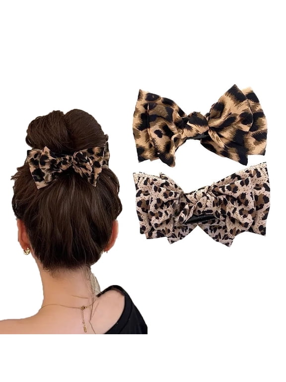 2PCS Vintage Leopard Print Bow Hair Claw Clips for Women Girls - Fabric Shark Clip for Ponytails, Updos