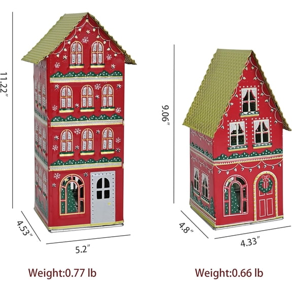 2PCS Vintage Red Metal Christmas Farmhouse Decor X'Mas Tin Houses Decorative Christmas Village Building Ideal for LED Candle Holders Tabletop Mantel Holiday Decorative (Red)