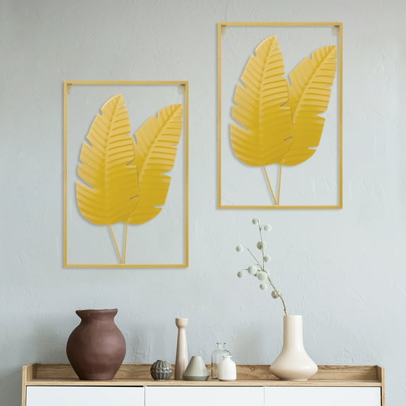 2PCS Wall Decorations, Gold Iron Leaf Wall Hanging Home Decor with Frame, Golden Wall Decor