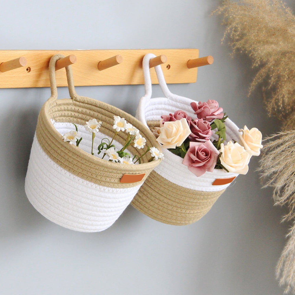 2PCS Wall Hanging Organizer Storage Baskets Set with Free Wall Hooks Small Cotton Rope Baskets for Baby Nursery and Home Decor Walmart
