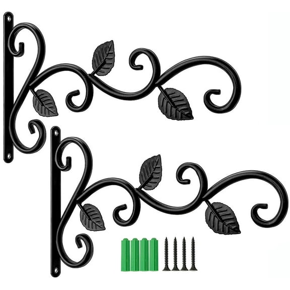 2PCS Wall Hook Hanging Plant Brackets, Metal Plant Bracket Iron Wall Mount Leaf Black Hangers for Hanging Bird Feeders, Lanterns, Wind Chimes, Planters, Outdoor Decoration Hooks