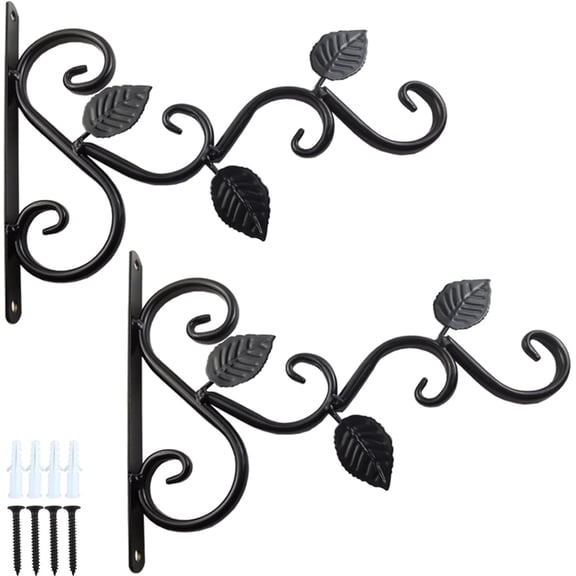 2PCS Wall Hook Hanging Plant Brackets, Metal Plant Bracket Iron Wall Mount Leaf Black Hangers for Hanging Bird Feeders, Lanterns, Wind Chimes, Planters, Outdoor Decoration Hooks