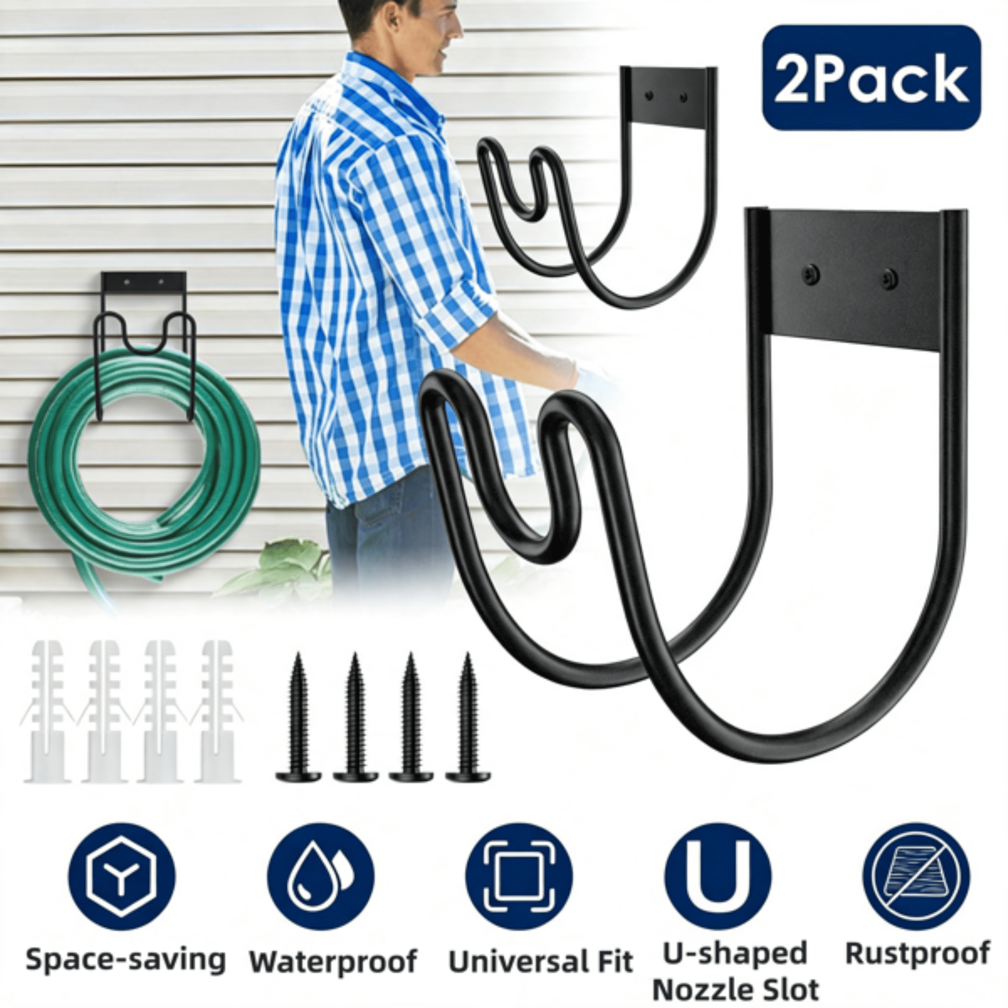 2PCS Wall Mount Garden Hose Holder, 304 Stainless Steel Hose Hanger with U‑Shaped Nozzle Slot, Holds Up to 150ft 1/2‑Inch Hose for Yard, Patio & Outdoor Organization