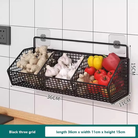 2PCS Wall Mounted Metal Storage Basket Organizer, 14.17 x 4.33 x 5.91 in 4-Compartment Kitchen Hanging Rack No Drill Black and White Wire Storage Bin for Garlic Onion Spice Storage