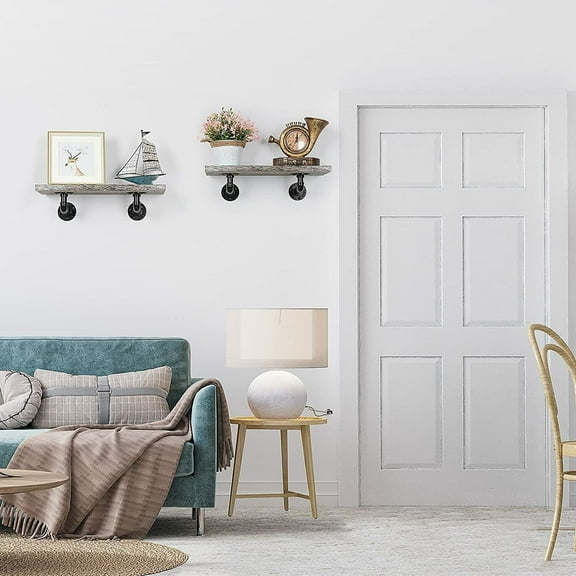 2PCS Wall Mounted Rustic Wood Shelving with Industrial Pipe Brackets Home Decor