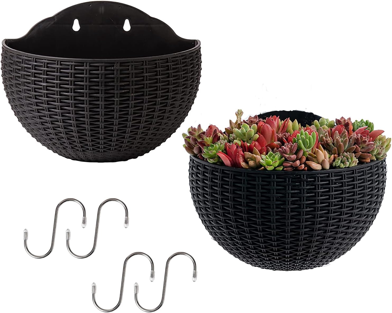 2PCS Wall Railing Hanging Planters with S Hooks, Wall-Mounted Vertical Planter, Half Round Plant Flowerpot for Balcony Railing Shelf Fence