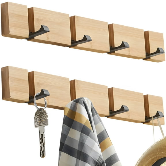 2PCS Wall-mounted Hanger with 4 Foldable Hooks , Wood Folding Coat Hooks, No Nail Installation, Space-Saving and Long-lasting, Ideal for Compact Spaces