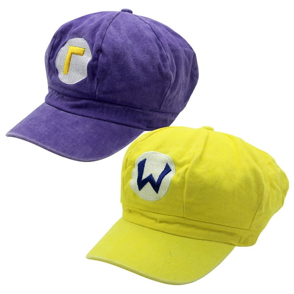 2PCS Wario Waluigi Hat for Adults Kids Bros Costume Cap Vintage Wash Style Beret