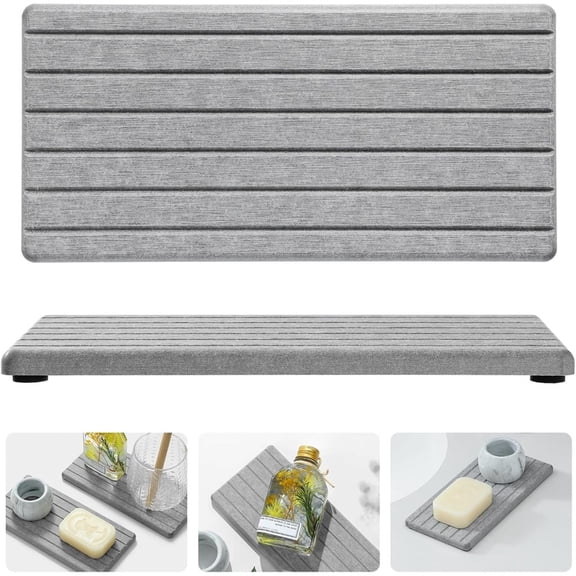 2PCS Water Absorbing Stone Drying Tray Mat For Bathroom Sink & Kitchen Counter Faucet Organizer Decor, Quick Dry Dish Soap Dispenser Sponge Holder, Vanity Sink Caddy Bar Coaster,White-8"*3.8"