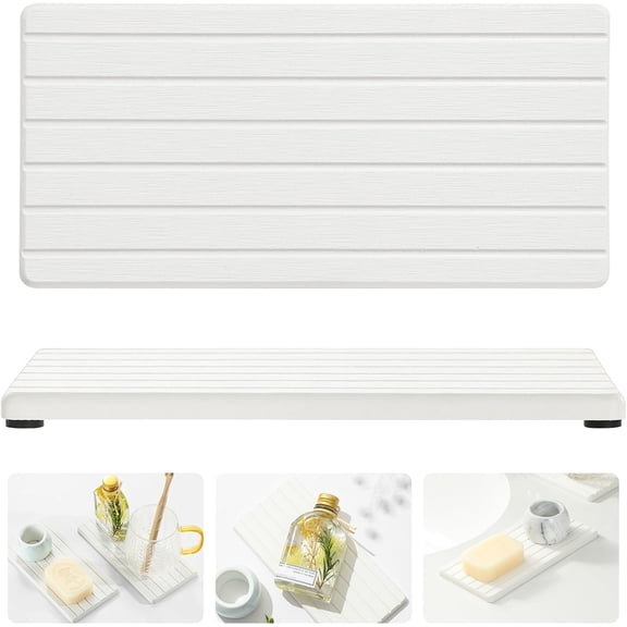 2PCS Water Absorbing Stone Drying Tray Mat for Bathroom Sink & Kitchen Counter Faucet Organizer, Quick Dry Dish Rack Soap Dispenser Sponge Holder, Vanity Sink Caddy Bar Coaster, Ivory White 8x 4