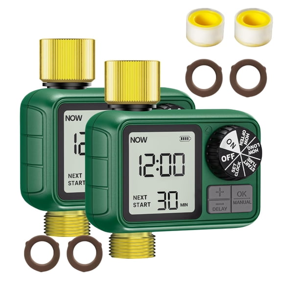 2PCS Water Timer with Brass Inlet/Outlet for Garden and Lawn– Programmable Irrigation Systems with Rain Delay, Manual/Automatic Modes, Low Battery Warning