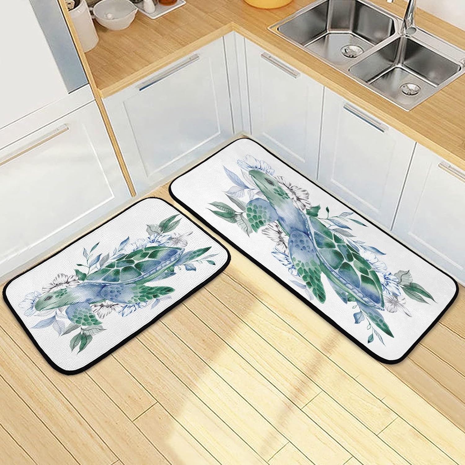 2PCS Watercolor Turtles Flower Kitchen Rug and Mat Summer Leaf Floor